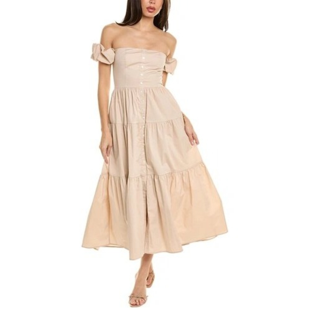 STAUD Elio Dress Biscotti Beige Off The Shoulder Cotton Midi Dress Size 10 NEW